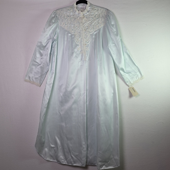 Vintage Natori Satin Lace Nightgown Robe Long Sleeve Pastel Blue Medium - Picture 1 of 10